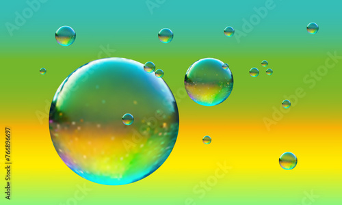 Set of vector transparent 3d soap bubbles on gradient background.