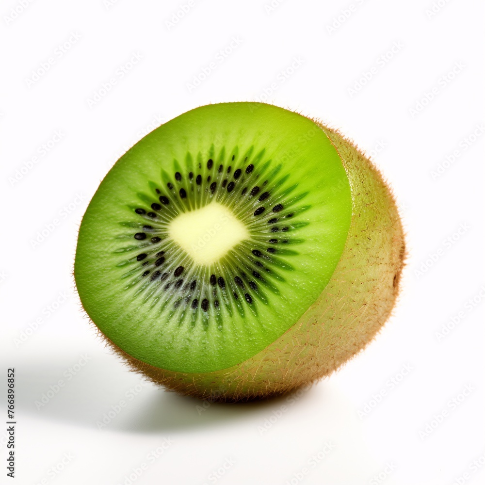 A vibrant green kiwi fruit placed on a pure white background A vibrant green kiwi fruit placed on a pure white background