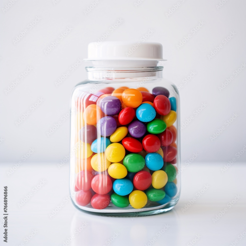 A transparent glass jar filled with colorful candies on a white table A transparent glass jar filled with colorful candies on a white table