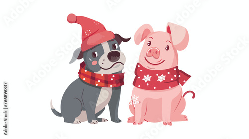 Pig and dog. Christmas illustration flat vector isolated