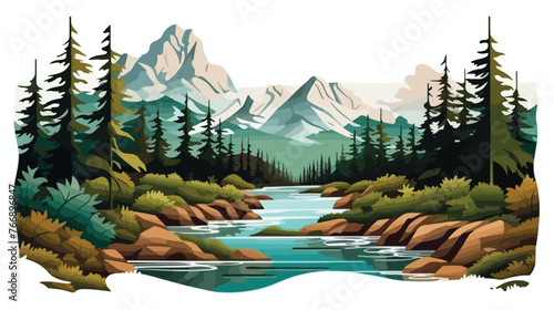Pine forest  river and big mountain for camping 