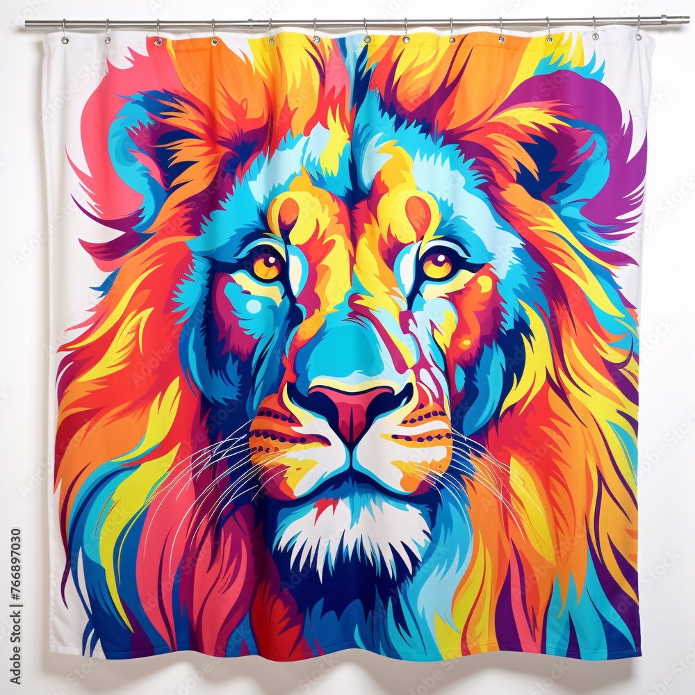 A stunning lion-patterned shower curtain with vibrant colors, hanging against a clean white background