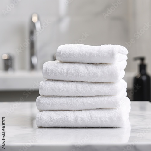 Stack of fluffy white towels neatly folded on a white countertop