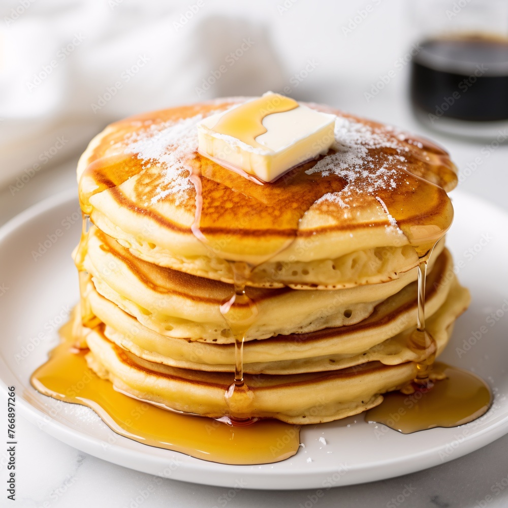 Stack of fluffy pancakes with butter and syrup on a pristine white countertop Stack of fluffy pancakes with butter and syrup on a pristine white countertop