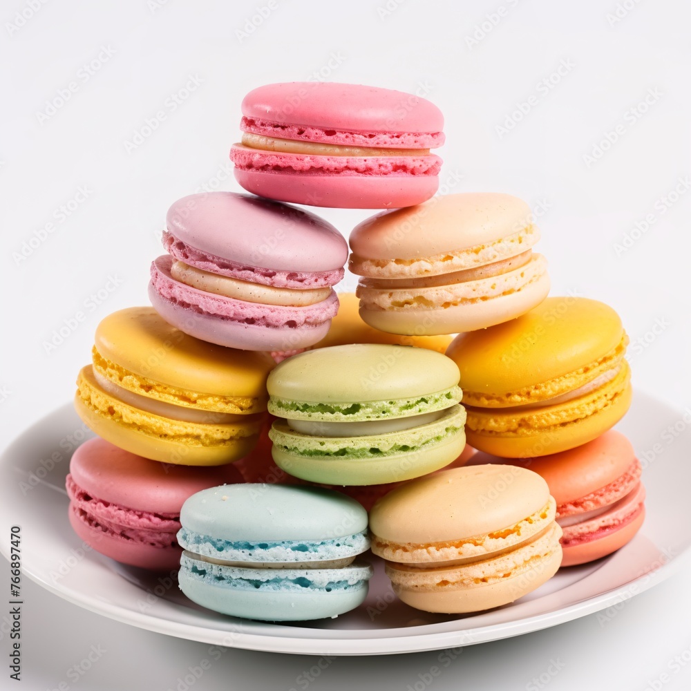 A stack of colorful macarons arranged neatly on a white plat A stack of colorful macarons arranged neatly on a white plat