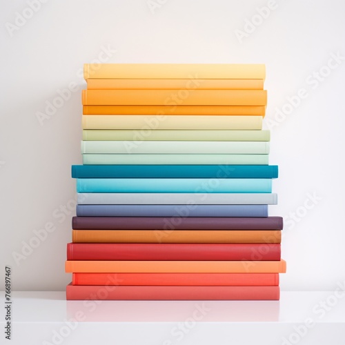 A stack of colorful books neatly arranged on a white shelf