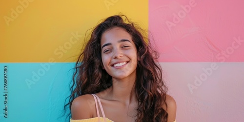 Joyful South American Woman with Colorful Background