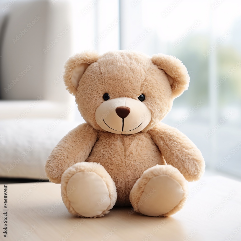 A small plush teddy bear sitting on a white cushion A small plush teddy bear sitting on a white cushion