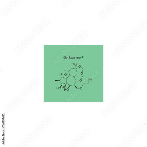 Genkwanine P skeletal structure diagram.Diterpenoid compound molecule scientific illustration on green background. photo