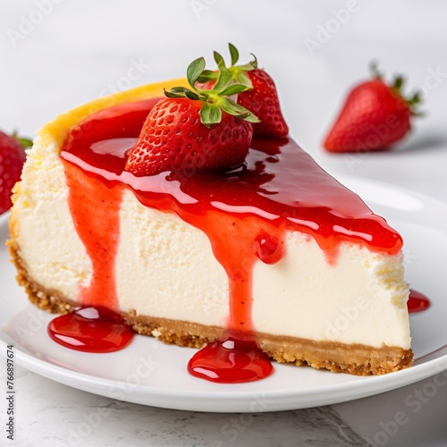A slice of classic New York cheesecake with strawberry topping on a pristine white countertop