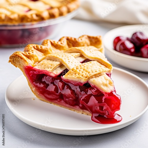 A slice of classic cherry pie with lattice crust on a white backdrop photo