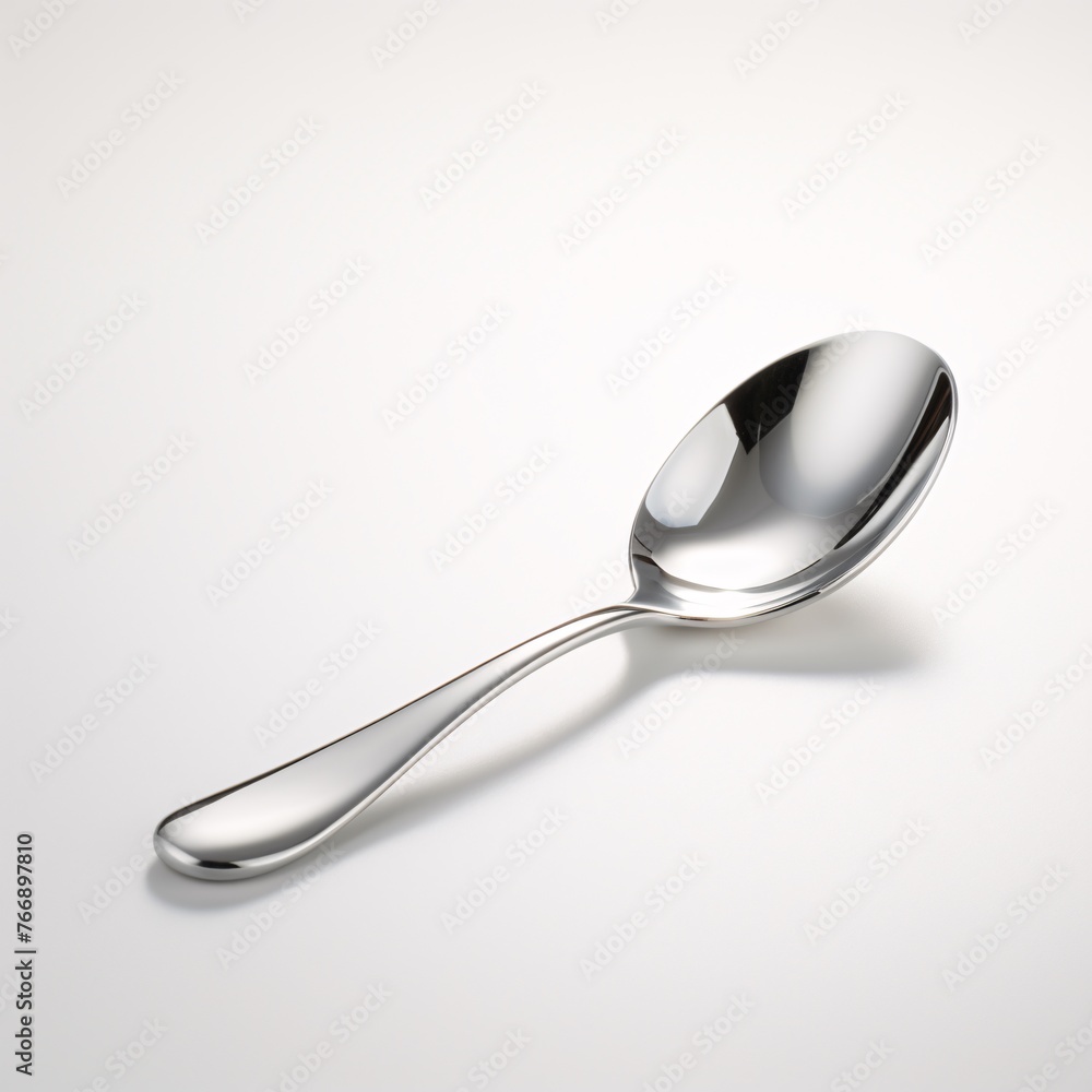 A shiny silver spoon placed on a white saucer A shiny silver spoon placed on a white saucer
