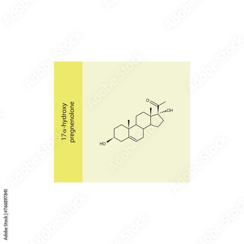17-α-hydroxy pregnenolone skeletal structure diagram.Progesterone hormone compound molecule scientific illustration on yellow background.