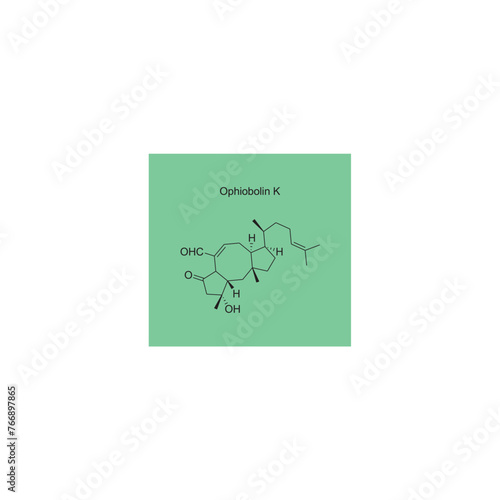 Ophiobolin K skeletal structure diagram.Sesterterpene compound molecule scientific illustration on green background. photo