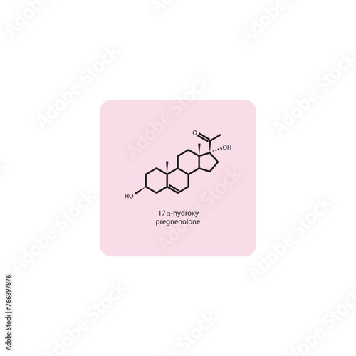 17-α-hydroxy pregnenolone skeletal structure diagram.Progesterone hormone compound molecule scientific illustration on pink background.