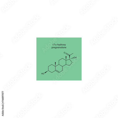 17-α-hydroxy pregnenolone skeletal structure diagram.Progesterone hormone compound molecule scientific illustration on green background. photo