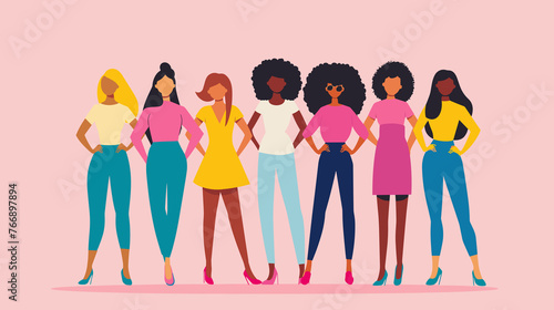 Confident Diverse Women in Bright Clothing Standing Together on Pink Background