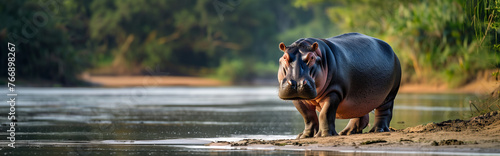 Hippo standing beside river.Panorama view. Generative AI photo