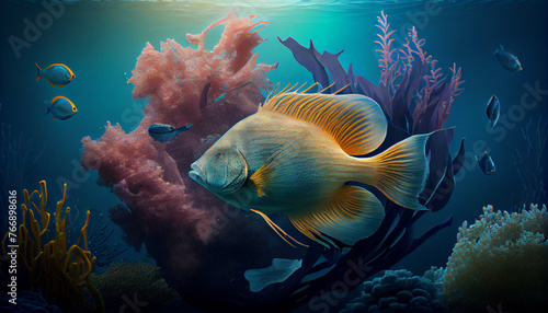 Abstract sea life fish aquarium. Portrait of swimming fish, close-up. Underwater world, tropical sea life. Generative AI