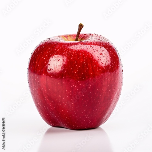 A red apple with a glossy texture, viewed from a slightly elevated angle. Vibrant colors against a pure white background
