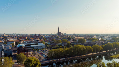 Strasbourg, France. Strasbourg Cathedral - Built in the Gothic style, the cathedral of the 13th century. Summer morning, Aerial View photo