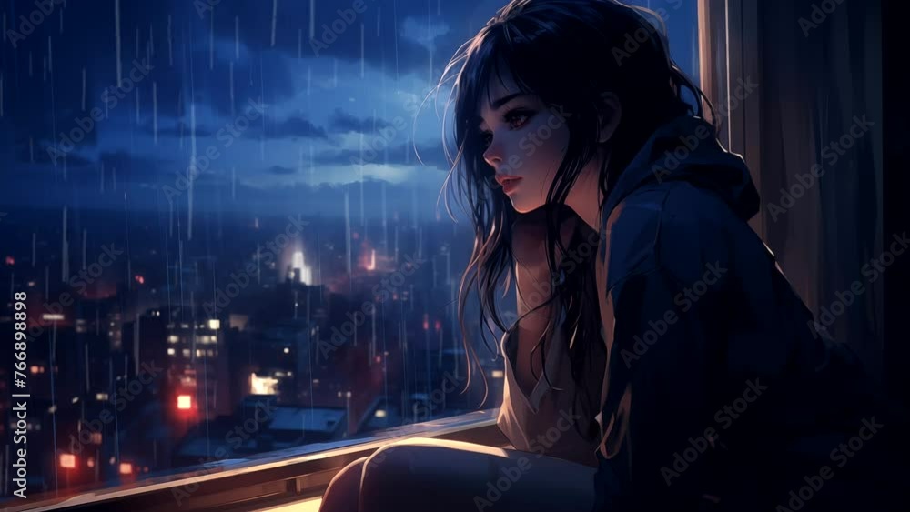 Lofi anime girl sitting by the window with a sad expression, during rainy night. seamless looping 4k time-lapse animation video background
