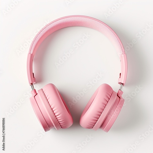 Pair of pink headphones laid out on a plain white surface