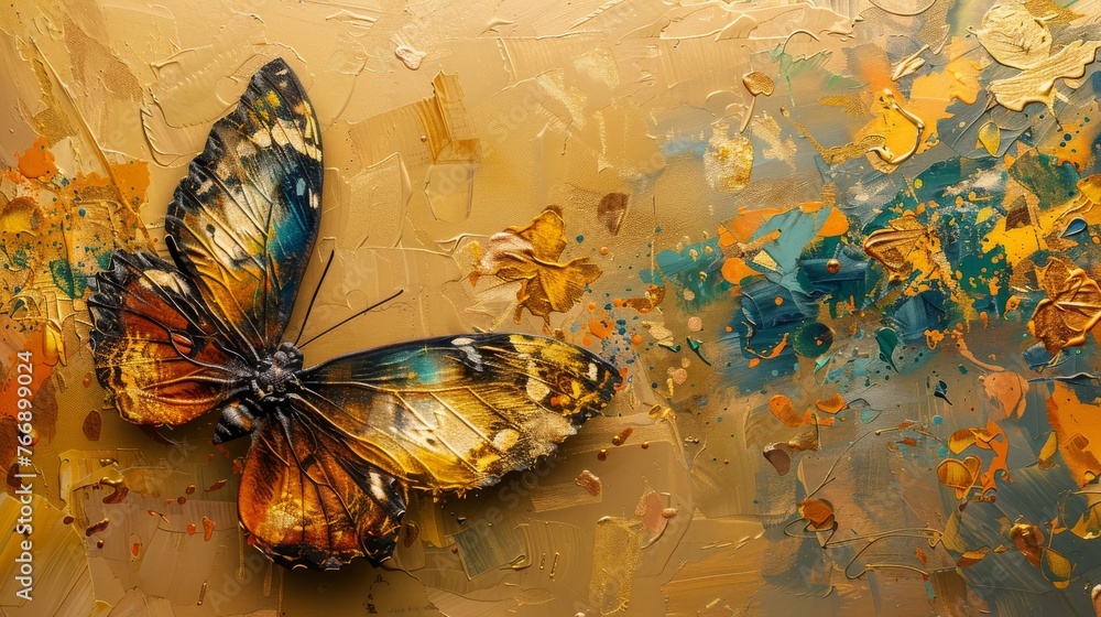 In prints, there are abstract art prints. Golden grain. Oil on canvas. Brush the paint. Butterflies, modern art. Prints, wallpaper, posters, cards, murals, carpets, hangings, hanging prints. - obrazy, fototapety, plakaty 