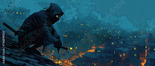 Ninja Warrior Overlooking a Dystopian Cityscape