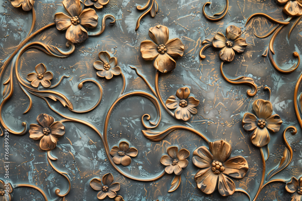 Oxidized bronze antique floral pattern art background image. Created with Generative AI technology.
