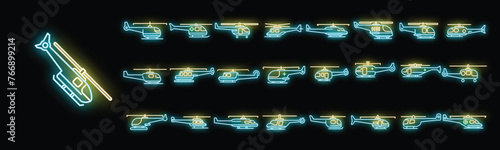 Rescue helicopter icons set outline vector. Air engine. Fast force neon color on black