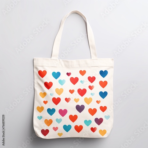 A heart-patterned tote bag with vibrant heart motifs on a plain white surface