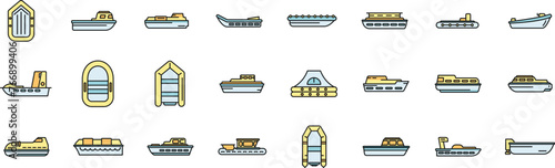 Rescue boat icons set outline vector. Sea aid. Accident rescue thin line color flat isolated