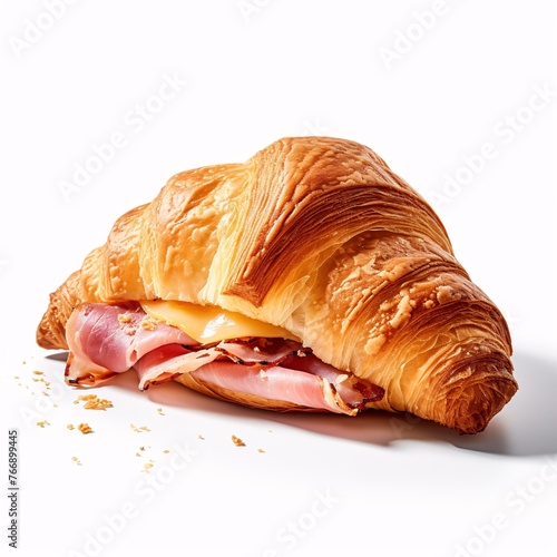 A gourmet ham and cheese croissant on a plain white backdrop