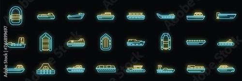 Rescue boat icons set outline vector. Sea aid. Accident rescue neon color on black