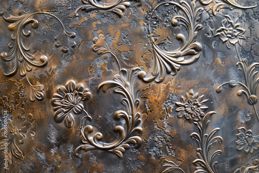 Oxidized bronze antique floral pattern art background image. Created with Generative AI technology. Oxidized bronze antique floral pattern art background image. Created with Generative AI technology.