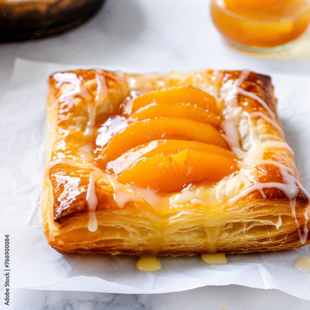 Flaky apricot pastry with apricot glaze on a pristine white countertop Flaky apricot pastry with apricot glaze on a pristine white countertop