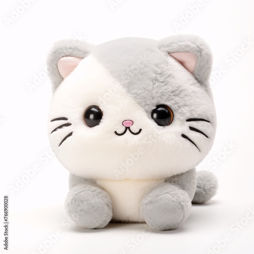 A fluffy cat plush toy with cute cat face designs on a clean white surface