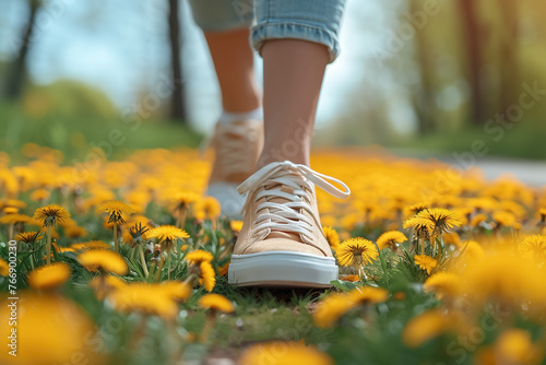 Walking in a field of dandelions, close-up of a sneaker. Generated AI.