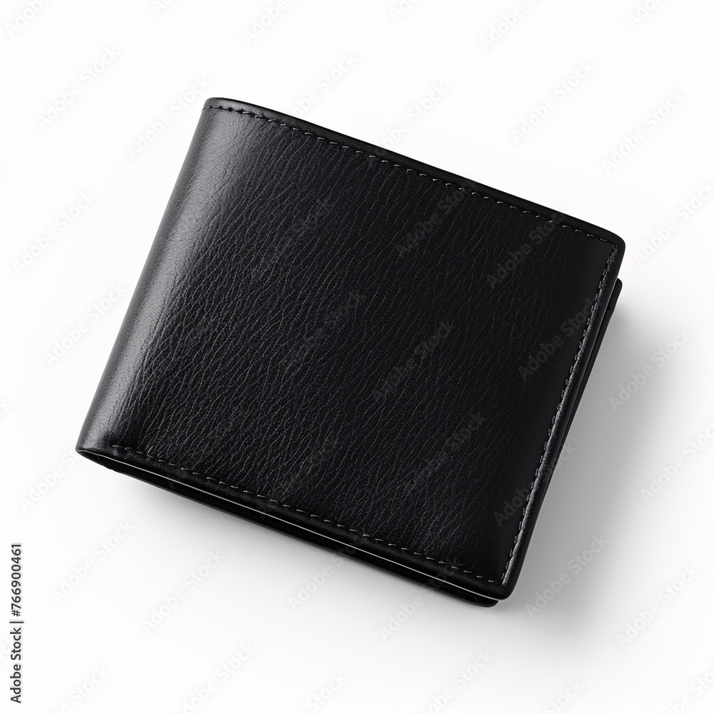 Compact black wallet lying flat on a clean white surface Compact black wallet lying flat on a clean white surface