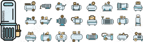 Compressor icons set outline vector. Air car. Auto tank thin line color flat isolated