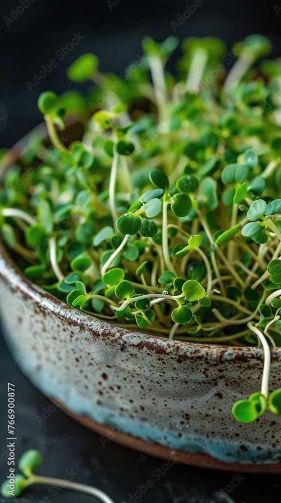 Bowl of green microgreens on a textured surface. Generated AI. Bowl of green microgreens on a textured surface. Generated AI.