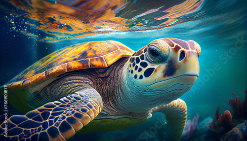 Portrait of big swimming in ocean turtle, close-up. Underwater world, tropical sea life. Generative AI