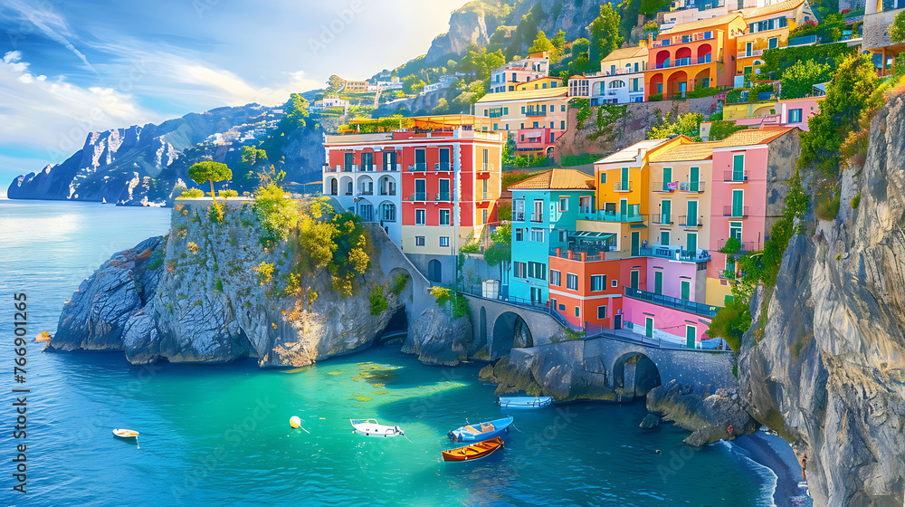 Aerial view of Amalfi Coast, Italy, colorful houses on cliffside overlooking the Mediterranean Sea, travel amalfi coast italy illustration landscape sea. Generative AI illustration  - obrazy, fototapety, plakaty 