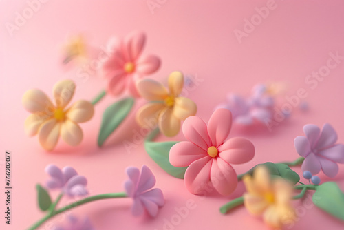 3d floral craft wallpaper. Concept illustration of orange green and yellow flowers on light background