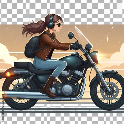 Young Woman Riding Motorcycle, Side View of Girl Biker Character in Casual Clothes and Helmet Driving Blue Chopper Cartoon Style Vector Illustration photo