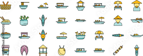 Floating market icons set outline vector. Asian basket. Attraction marketplace thin line color flat isolated