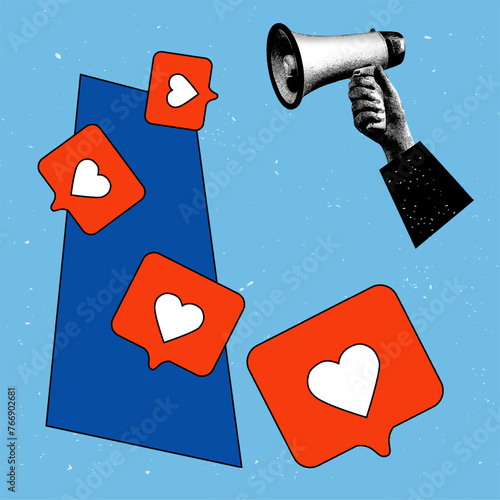 Contemporary art collage. Vector illustration. Hand holds megaphone and likes floating out of it against abstract blue background. Concept of social media, influence, popularity, modern lifestyle. Ad