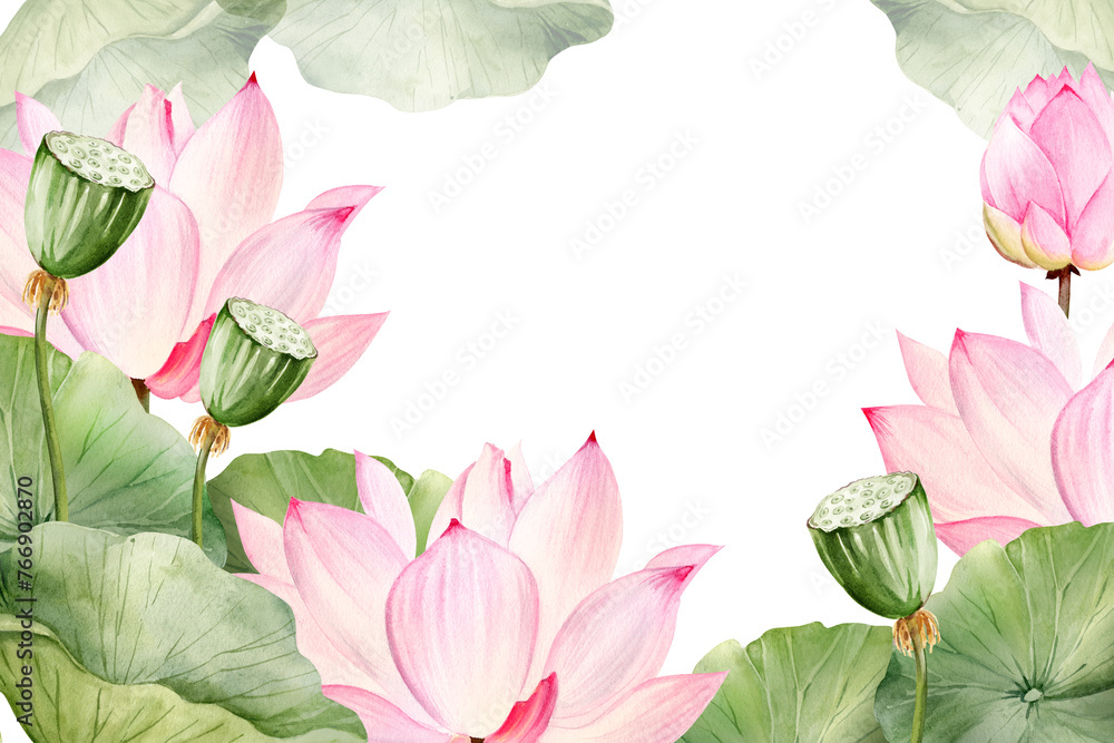 Neon pink lotus flower and leaves growing in water, watercolor illustration isolated on white. Bright Asian tropical water lily plant with bud for spa and yoga salon, blogs and floral botanical cards