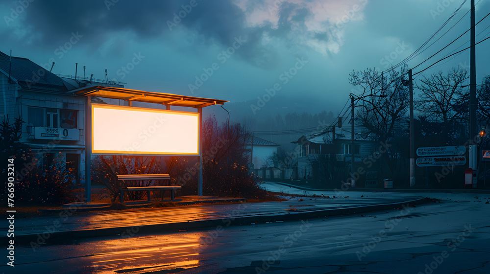 Illuminated empty billboard on a rainy city street at night ready for advertisement mockup Illuminated empty billboard on a rainy city street at night ready for advertisement mockup